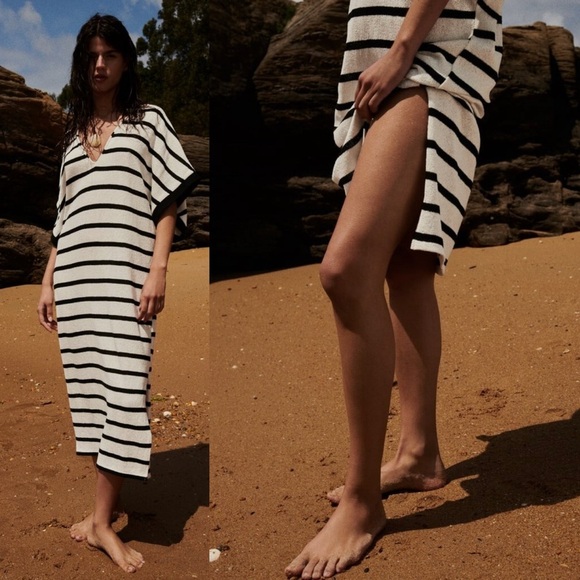 Zara Maxi Dress Striped Black White Loose Cotton Vented Rustic Tunic Beachy Sz M - Picture 1 of 16